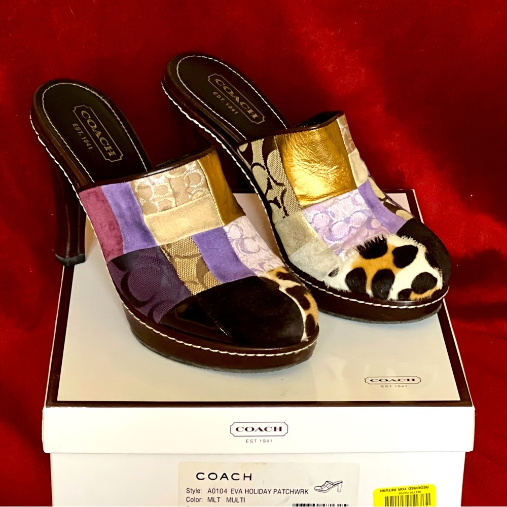 Coach “Eva” Holiday Purple Patchwork with Leopard Print Mules - Size 7.5
